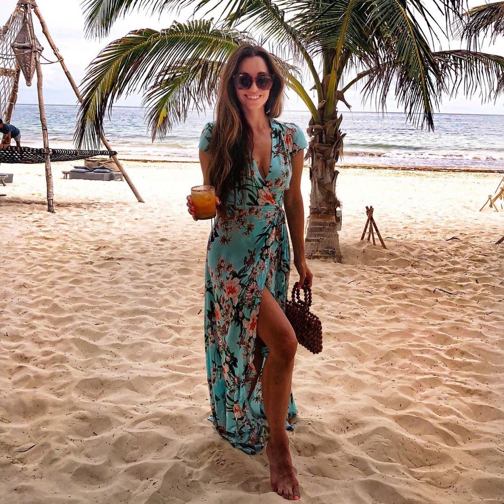 XIX PALMS wrap dress, beautiful turquoise tropical print.